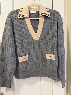 Sandro Grey Cable-Knit V-Polo Sweater with Cream Trim